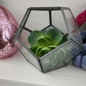 World Market Metal Glass Geometric Open Terranium Art w Faux Green Succulent